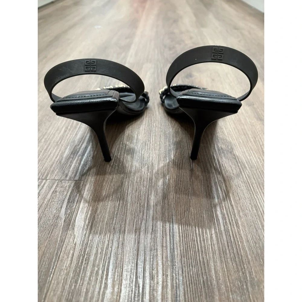 GIVENCHY	Black G Gold Logo Open Toe Woven Strap Leather Slingback Sandal Heel 39 - Picture 6 of 9